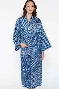 Robe kimono en coton indigo imprimé à la main, séchage rapide, col en V, manches longues, longueur complète, paréo de bain - Product Image 3