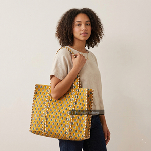 Wholesale Jaipur Hand Block Print Quilted Cotton Tote <b>Bag</b> <b>Women</b> Yellow Floral Large Shoulder Travel <b>Beach</b> Shopping <b>Bag</b> - Product Image 1