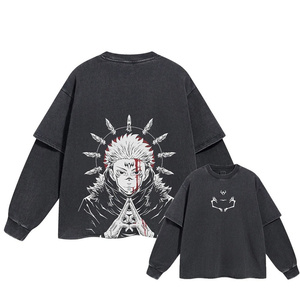 เสื้อยืดสตรีทแวร์ผู้ชายทรงโอเวอร์ไซส์ แขนยาวสองชั้น ผ้าฝ้าย 100% สไตล์วินเทจฟอกสี ลายตัวอักษรสีดำ - Product Image 1