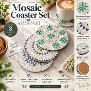 MDF Marble Mosaic <b>Coaster</b> Set of 3 with <b>Cork</b> Backing | Round Floral Drink Mats for Tea Coffee Cups Dining Table Home Decor Gift - Product Image 5