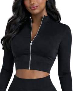 Ensemble de yoga deux pièces noir personnalisé pour femme : haut court zippé et pantalon évasé taille haute, extensible, pour fitness et gym – Fabricant OEM sur mesure - Product Image 2