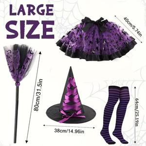 Conjunto de Disfraz de Bruja para Adultos, Elegante y Espeluznante para Halloween, Sombrero Puntiagudo Clásico, Falda de Tul Fluida, Escoba de Bruja - Product Image 3