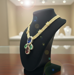 Collar vintage de 16 pulgadas con múltiples piedras preciosas, azul ovalado, verde pera, granate, plata de ley 925, chapado en oro de 18 quilates, a precio de mayorista. - Product Image 3