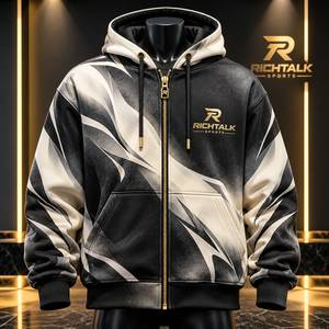Men's <b>Zip</b>-<b>Up</b> <b>Hoodie</b> Geometric Print Fleece Heavyweight 100% Cotton Vintage Hooded Sweatshirt Winter <b>Black</b> White Gold Logo - Product Image 1