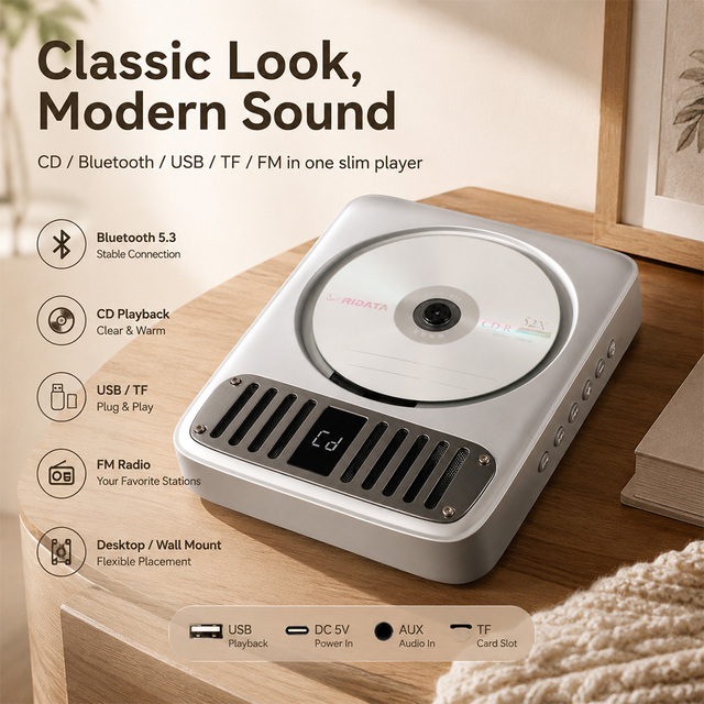 Rechargeable Silver CD Player with Bluetooth 5.3 for Bedroom Home and Travel Audio