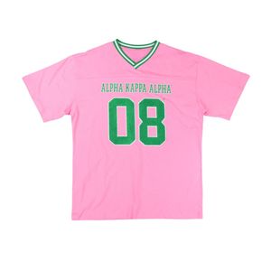 เสื้อเจอร์ซีย์คอวีสีชมพูขาวทรงโอเวอร์ไซส์สำหรับผู้หญิง สไตล์เสื้อฟุตบอล แขนสั้นลำลอง แฟชั่นเสื้อผ้ากีฬา ทรงหลวม - Product Image 1