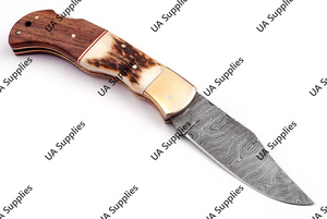Handmade Damascus Steel Drop Point Camping Folding Pocket <b>Knife</b> Industrial Grade Stag Horn Rosewood <b>Handle</b> Leather Pouch OEM - Product Image 3