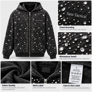 Sweat à capuche zippé pour homme Sam Tactical, noir délavé, style hip-hop, orné de strass et de clous, prix de gros, personnalisation OEM - Product Image 6