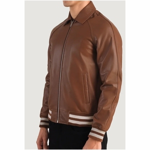 Blouson aviateur en cuir marron pour homme, manches longues, coupe-vent, style automne, design et look différents, veste respirante pour homme, en cuir. - Product Image 2