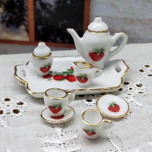 Miniature 1:<b>12</b> Ceramic Tea Set Strawberry Pattern Dollhouse Tableware Home Decor Gift for age 14+ - Product Image 3