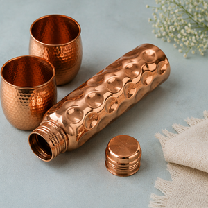 Royal Wave Dimple Copper Bottle With Hammered Glasses Portable Travel Drinkware Traditional Design - Product Image 2
