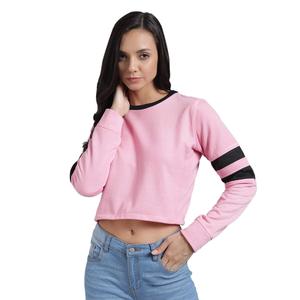 Pink <b>Cropped</b> Long Sleeve <b>Sweatshirt</b> Women's O-Neck Solid Color Casual Wear 100% Cotton Knitted Autumn Style - Product Image 3