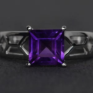 Anillos de Amatista, Anillo Solitario con Corte Cuadrado, Anillo de Compromiso con Amatista, Plata, Gema Púrpura, Joyería de Piedra de Nacimiento de Febrero - Product Image 1