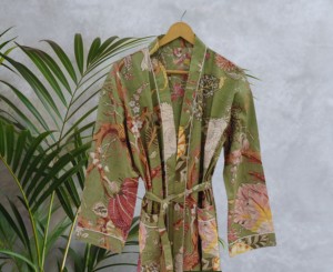 Bata clásica de algodón para mujer, manga larga, estampado floral, textura gofrada, hasta la rodilla, 091 - Product Image 2