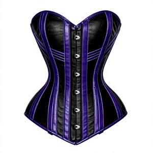 Corset Overbust en Cuir Noir et Violet Personnalisable OEM avec Fermeture Frontale Sans Bretelles et Double Baleine en Acier Argenté – Vente en Gros - Product Image 1