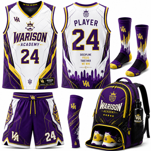 Custom White Purple Gold Basketball Uniform Set With Compression Sleeve Socks Backpack & Water Bottle Basketball Uniform Kit - Product Image 2