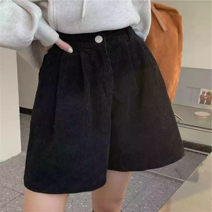 High Waisted White Corduroy <b>Shorts</b> <b>Women</b> Loose Fit Solid Color Button Fly Casual Pants <b>Short</b> Skirt Style Breathable Woven Fabric - Product Image 3