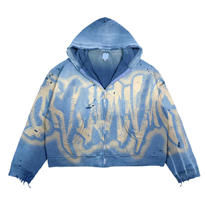 Hoodie Manufacturer Custom 500g Heavy Cotton Vintage <b>Sun</b> Faded Ripped Winter Distressed Acid Washed Zip up Hoodie for Men - Product Image 4