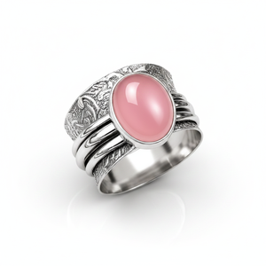 JewelryTownIN Natural Pink Chalcedony Vintage Wide Band Silver Plated Bohemian Spinner <b>Ring</b> for Women Party Jewelry - Product Image 4