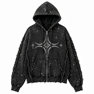 <b>Men's</b> Black Rhinestone <b>Hooded</b> <b>Denim</b> <b>Jacket</b> Oversized Hip Hop Style Regular Sleeve Glitter Print Autumn Wear - Product Image 1