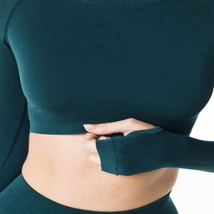 Haut court à manches longues vert foncé pour femme, col rond, pull en tricot minimaliste, respirant, en spandex et polyester, pour toutes les saisons, vêtements de sport - Product Image 6