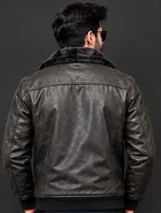 ChampKing Men's Black <b>Leather</b> <b>Jacket</b> <b>Brown</b> Faux Fur Hood Zipper Closure - Product Image 4