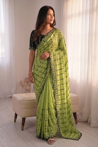 Green Silk Saree With Black Embroidery And Sequins Blouse For Women Traditional Indian Wedding Wear - Product Image 1