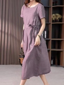Robe longue en lin à col rond et manches courtes, coupe ample, couleur unie, respirante, décontractée, pour femme, idéale pour l'été - Product Image 2