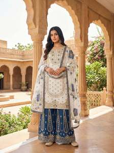 Ensemble prêt-à-porter entièrement cousu en soie Jimmy avec broderie de créateur, pantalon Plazzo et dupatta en organza Tabby, idéal pour les soirées. - Product Image 6