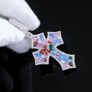 Collier pendentif croix en moissanite plaqué rhodium, serti de pierres multicolores, style hip-hop, chaîne de luxe pour homme - Product Image 4