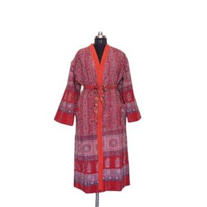 Chaqueta Kantha acolchada XL hecha a mano para mujer, abrigo largo de invierno de algodón con borde libre, Kimono, rompevientos para casa con cinturón de corbata para - Product Image 1