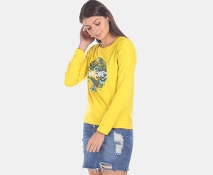 เสื้อสเวตเชิ้ตคอกลมแขนยาวสีเหลืองสำหรับผู้หญิงพร้อมลายพิมพ์ดอกไม้เขตร้อนและดีไซน์ตัวอักษร "Awesome" สำหรับใส่ลำลองในฤดูร้อน - Product Image 2