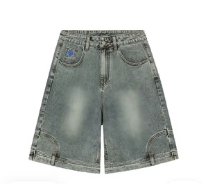 Washed Reverse Jorts Mens Casual Denim Shorts with Vintage Belt Chain Streetwear Baggy Jean Short - Product Image 1
