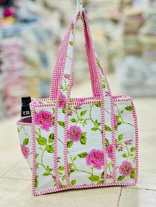 Quilted Cotton Tote <b>Bag</b> Floral Print Shopping Carryall Zipper Market <b>Bag</b> for Daily Travel Beach Use - Product Image 2