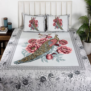 Parure de lit classique en coton imprimé fleurs et paons, pour lit double, avec 2 taies d'oreiller, style hôtelier et domestique, prix de gros - Product Image 2