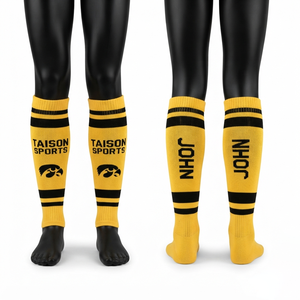 Chaussettes de hockey sur gazon pour hommes en laine/élasthanne 200 GSM de qualité supérieure, couleur bordeaux et or, avec logo tissé personnalisé, séchage rapide, respirantes, écologiques, sans… (indiquer le manque de précision dans la traduction). - Product Image 1