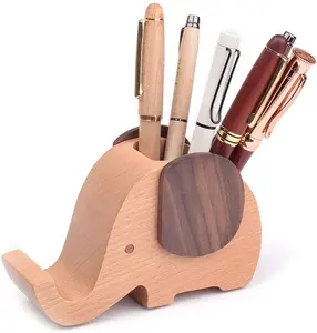 킹 국제 사용자 정의 나무 펜 홀더 전화 스탠드 나무 코끼리 모양의 데스크탑 펜 컨테이너 휴대 전화 Stan