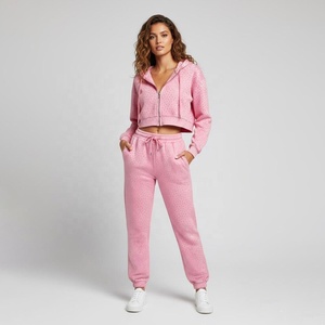 Women <b>Pink</b> Dot Print Hooded <b>Tracksuit</b> Set Full Sleeve Zipper Casual Sweatpants Loose Fit Spring Wear - Product Image 1