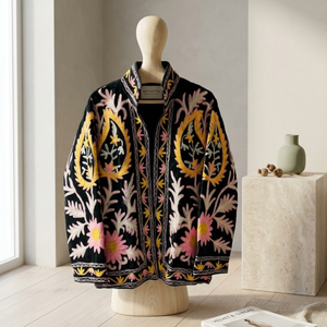 Chaqueta de Terciopelo Negro Bordada con Cuello Alto y Diseño Floral, Forro de Algodón, Bolsillos Laterales, Ropa de Invierno para Mujer - Product Image 2