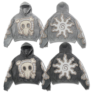 Sudadera con capucha unisex gris oscuro con lavado ácido, bordado de calavera y parche de sol, estilo streetwear, manga larga y bolsillo. - Product Image 6