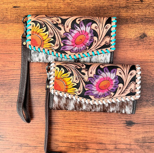 กระเป๋าคลัทช์ผู้หญิงสำหรับงานแกะสลักด้วยมือลายดอกทานตะวันหนังวัวสไตล์ตะวันตกดีไซน์ใหม่ - Product Image 4