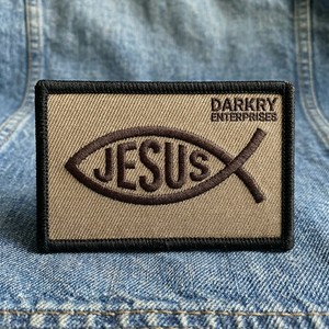 Custom Tan Fabric Jesus Fish Design Machine Embroidery Iron <b>On</b> <b>Sew</b> <b>On</b> <b>Patch</b> Badge For Religious Uniform Jacket Cap Bag Clothing - Product Image 1
