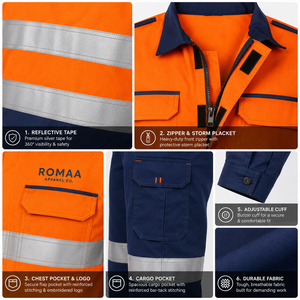Orange Navy Blue Silver Hi Visibility Spandex Heavy Duty Industrial <b>Work</b> Coverall <b>Waterproof</b> Cargo Pockets Reinforced Knees - Product Image 3