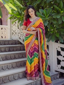 Sari de Diseño Multicolor con Estampado Leheriya y Borde Bordado |   Sari Étnico Festivo de Primera Calidad para Mujer - Product Image 1