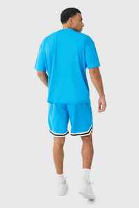 Men's Blue Crew Neck T-Shirt Set Solid Color Knitted Casual Summer Wear Breathable Street Style - Product Image 4