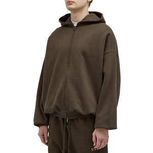 Modern Minimalist Plain Heavyweight Full Zip Hoodie <b>Men</b> Split Front <b>Pouch</b> Pocket Ribbed Hem Elastic Cuffs - Product Image 3