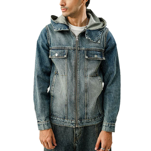 URBANGAZER Men's Denim Varsity Jacket High Street Denim <b>Covered</b> <b>Button</b> Closure Casual Style Winter Wear Regular Fit Solid Color - Product Image 1