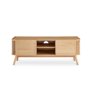 Buffet moderne en teck massif avec porte à lattes, meuble de rangement minimaliste en bois pour salon - Product Image 1