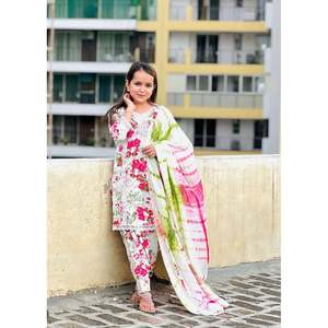 KIDS WEAR SATIN SEDA DIGITAL PRINT TRABAJO TOP DHOTI CON DUPATTA BLANCO - Product Image 1
