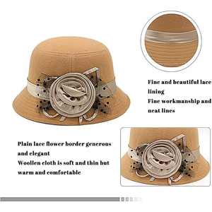 Chapeau Fedora en laine pour femmes, beige, avec fleur en soie et ruban, style européen, accessoire décontracté printemps-été - Product Image 4